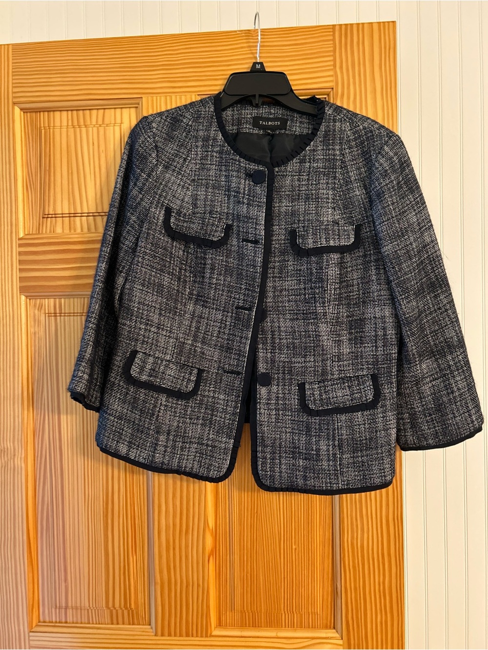 Talbots Navy and Gray Tweed Round-Neck Jacket